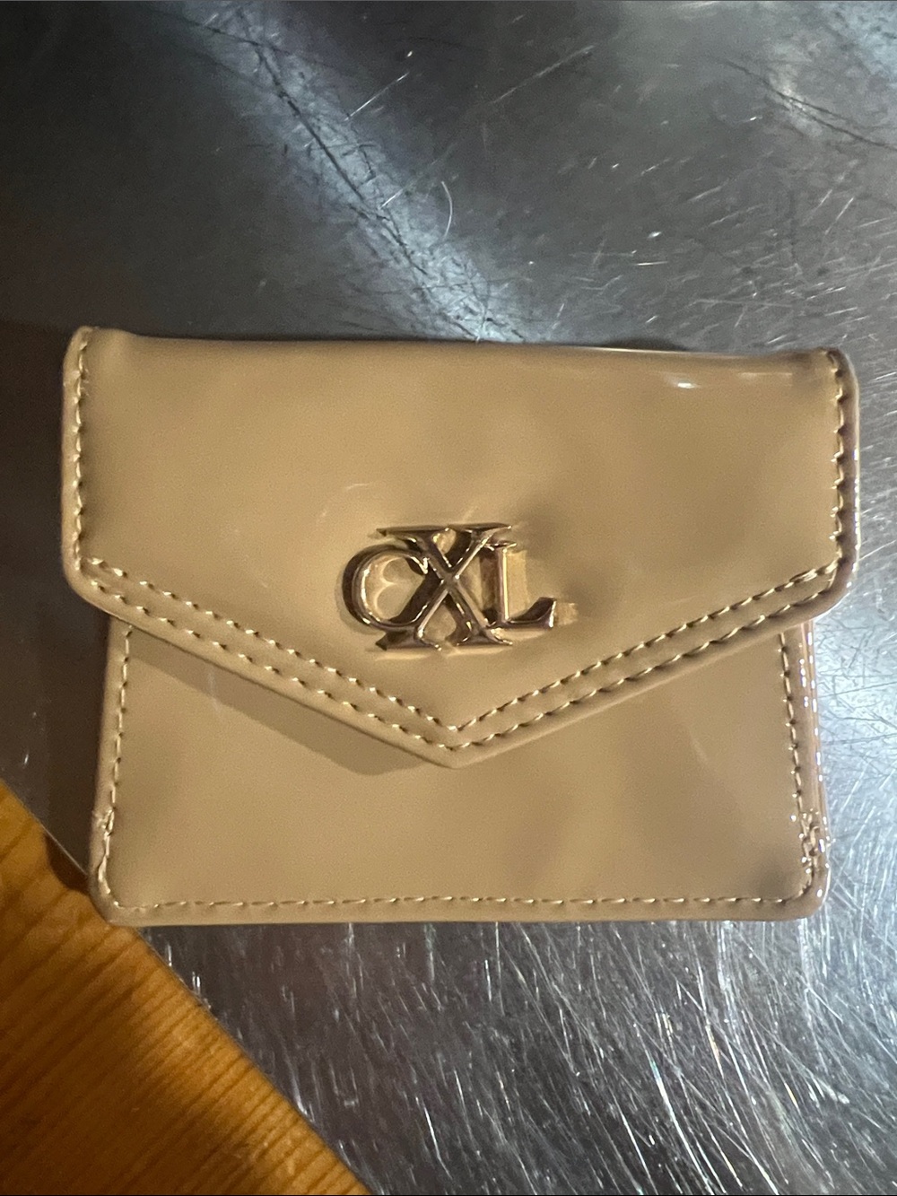 Christian Lacroix Latte color Patent Mini Envelope Card Holder with Gold Logo